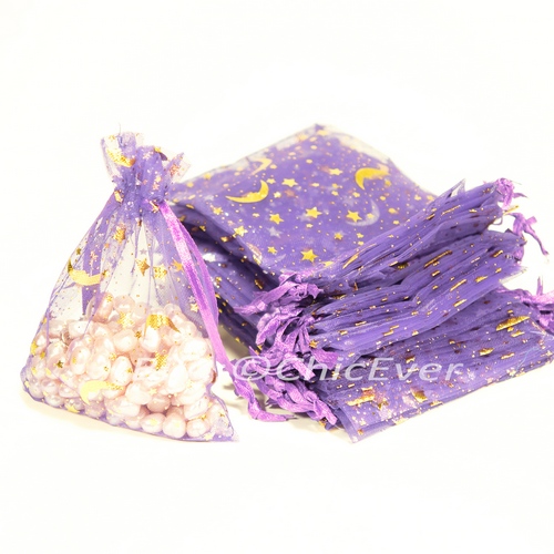 100x Schmuckbeutel 9,5x12,5cm Organzabeutel Verpackung lila/violett gold Stern & Mond - zum Schließen ins Bild klicken